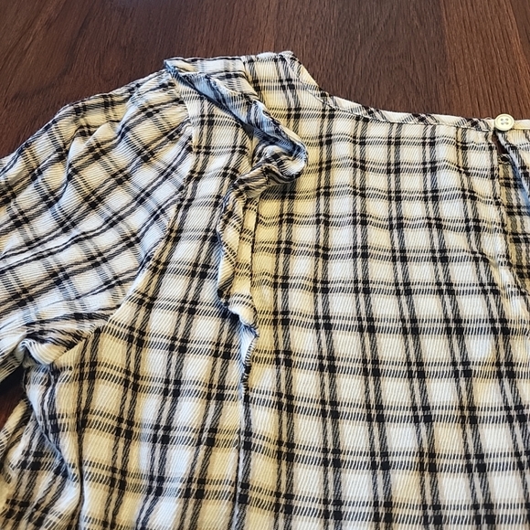 LOFT Women's Small Black Tan Plaid Ruffled Shoulder 100% Cotton Casual Top Shirt - Picture 7 of 12